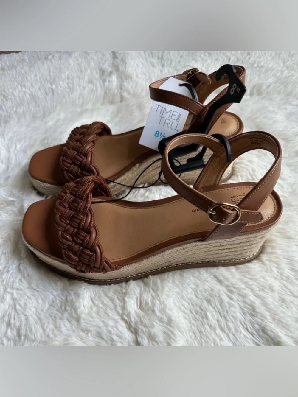 Time and Tru Tan/Brown Braided Espadrille Wedge Sandals